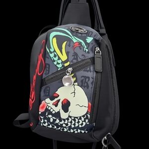 Ed Hardy Black Crossbody Bag with Neon Skull & Snake Graphic
